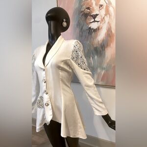 Ivory/ Off White Plunging Blazer Dress With Pearl Button And Lace Details